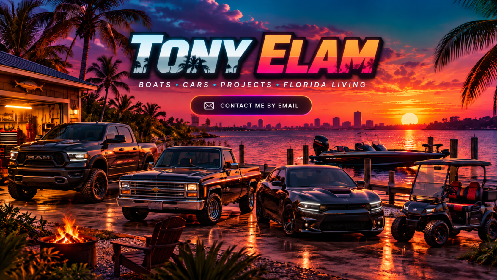 Retro Florida waterfront sunset featuring a bass boat, Ram truck, classic Chevy pickup, Dodge Charger, golf cart, and Tony Elam title.